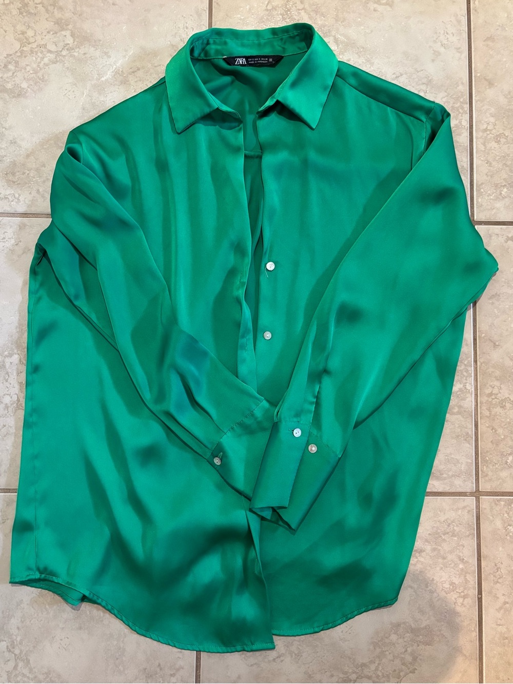 ZARA Women’s Emerald Green Satin Button-Up Shirt